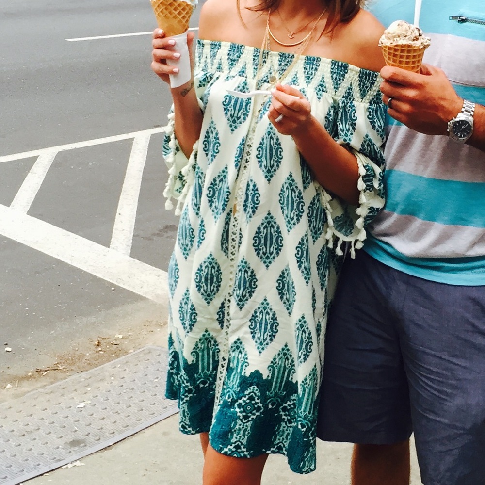 love, Fire Teal and White Off-Shoulder Dress